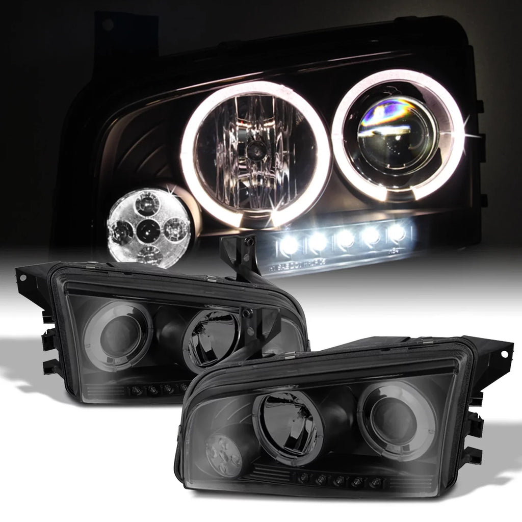 AKKON - [LED Tail + Headlights]Fits 2006-2008 Dodge Charger Dual Halo Headlights + Tail Lights in ebony Smoke Housing