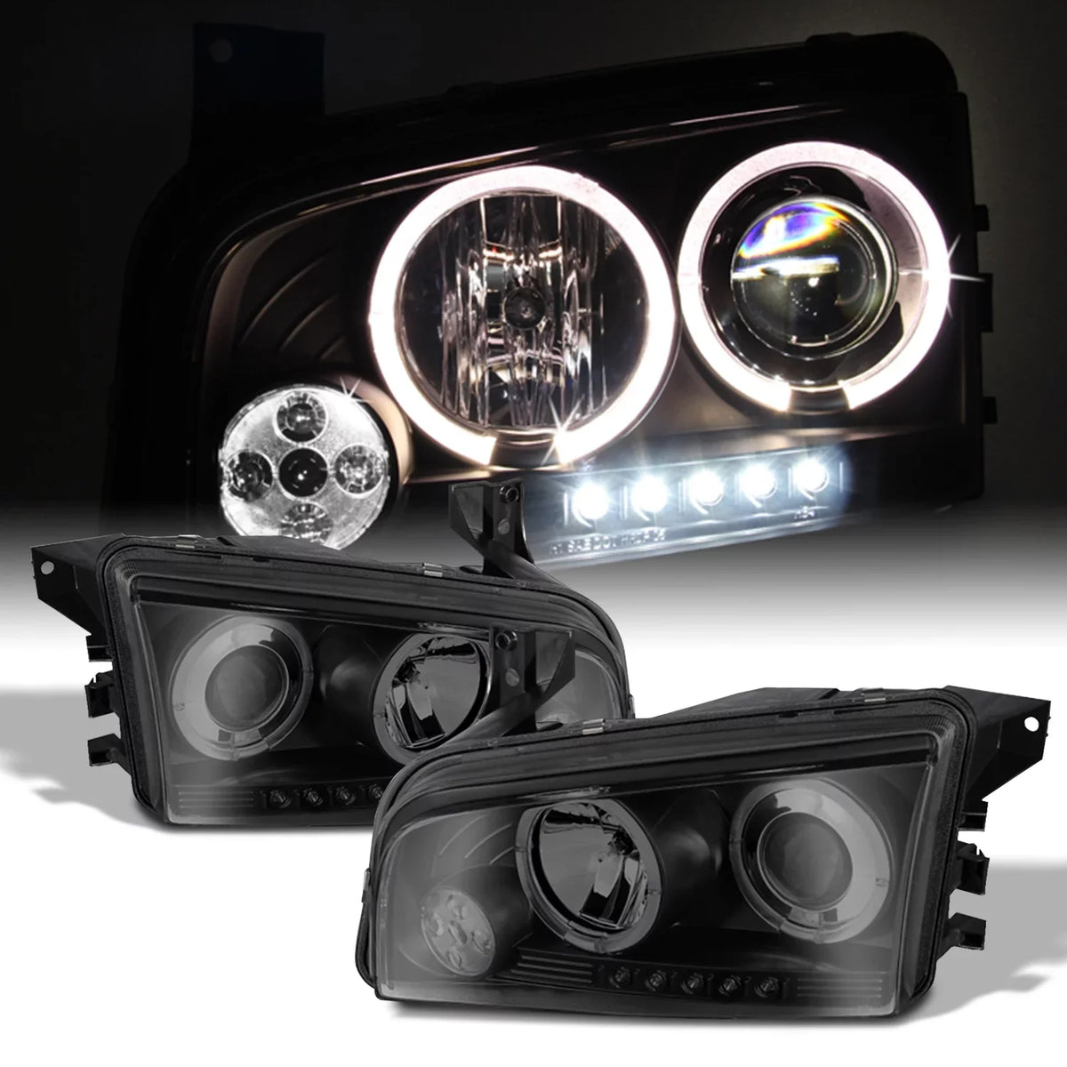 AKKON - [LED Tail + Headlights]Fits 2006-2008 Dodge Charger Dual Halo Headlights + Tail Lights in ebony Smoke Housing