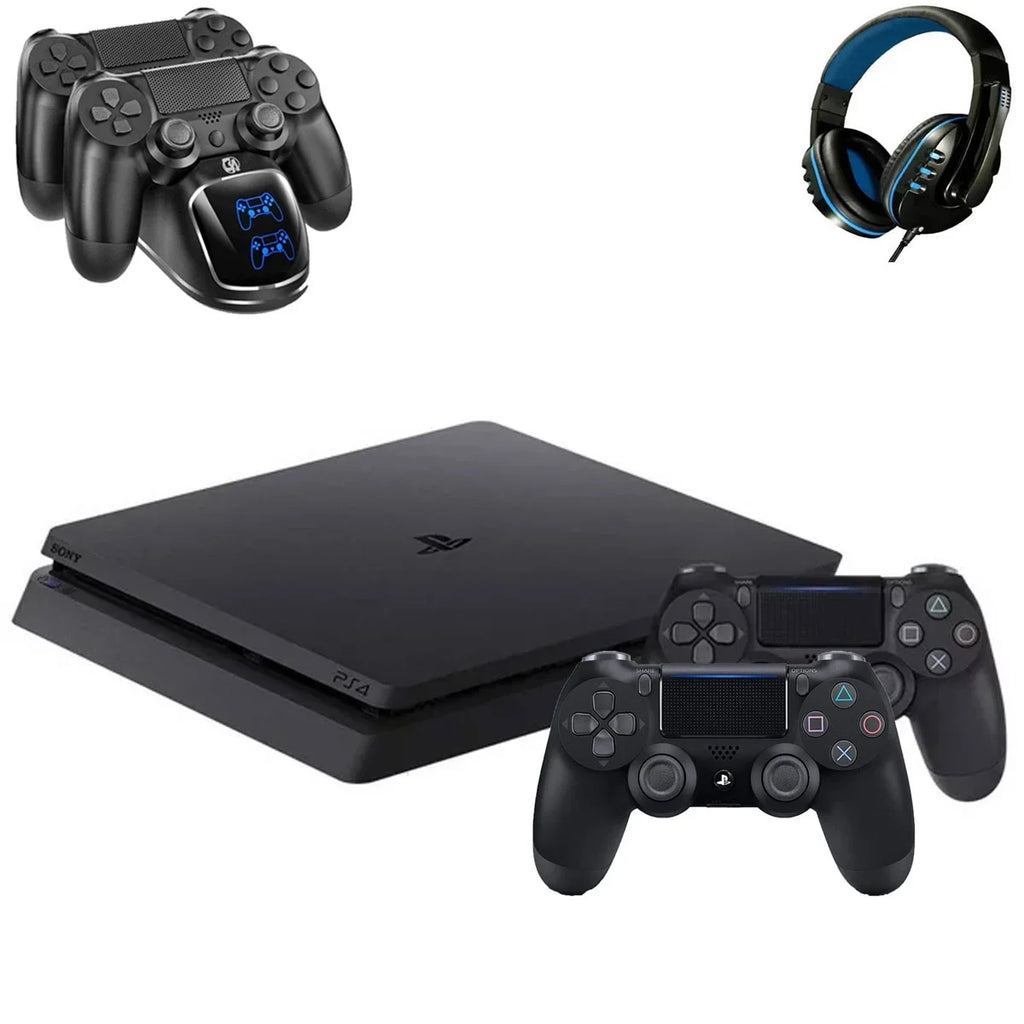 Pre-Owned  2215B PlayStation 4 Slim 1TB Gaming Console dark with Charging Dock Headset 2 Controller Bolt Axtion