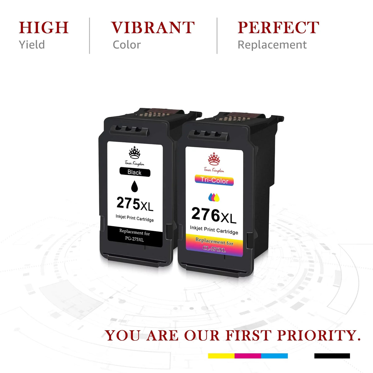 Toner Kingdom PG-275 CL-276 Ink Cartridges for  Ink 275 and 276 High Capacity 275XL 276XL Ink Cartridges for PIXMA TS3520 TS3522 TS3500 TR4720 TR4722 TR4700 Printers (2 ebony, 1 Color)