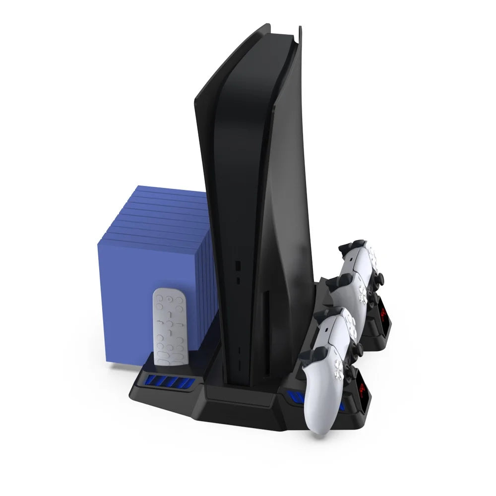 PS5 Cooling Stand Base with Charging, Disc Storage, and Multi-Functional Fan - Enhanced Cooling and Charging Dock for PlayStation 5 Digital and Disc Versions Console-dark