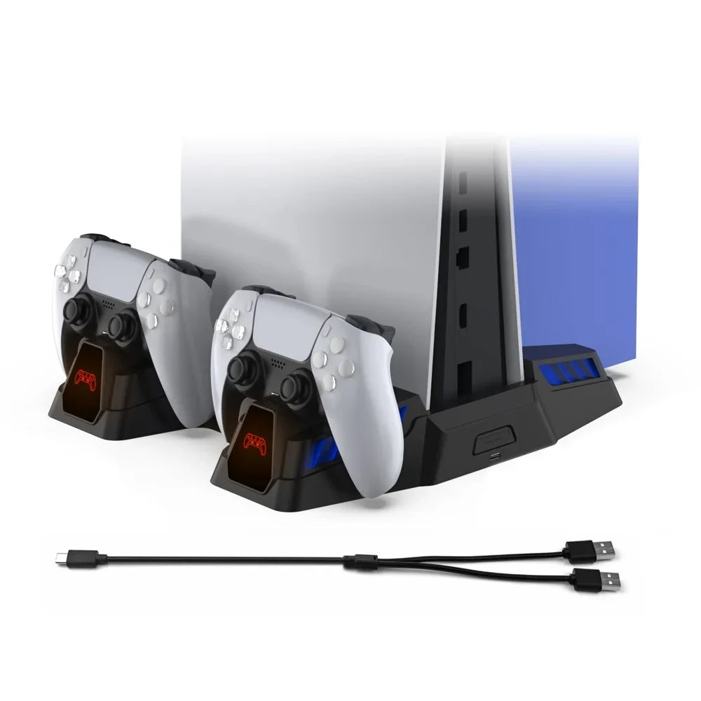 PS5 Cooling Stand Base with Charging, Disc Storage, and Multi-Functional Fan - Enhanced Cooling and Charging Dock for PlayStation 5 Digital and Disc Versions Console-dark