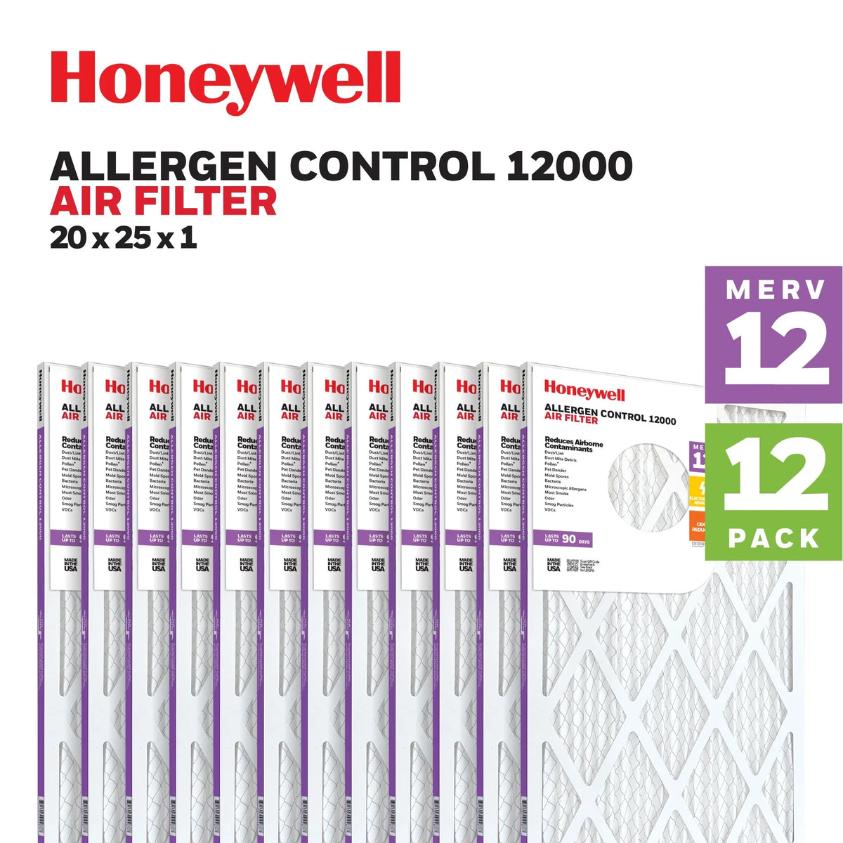 Honeywell 20x25x1 MERV 12 Pleated HVAC Furnace Air Filter- 12 Pack
