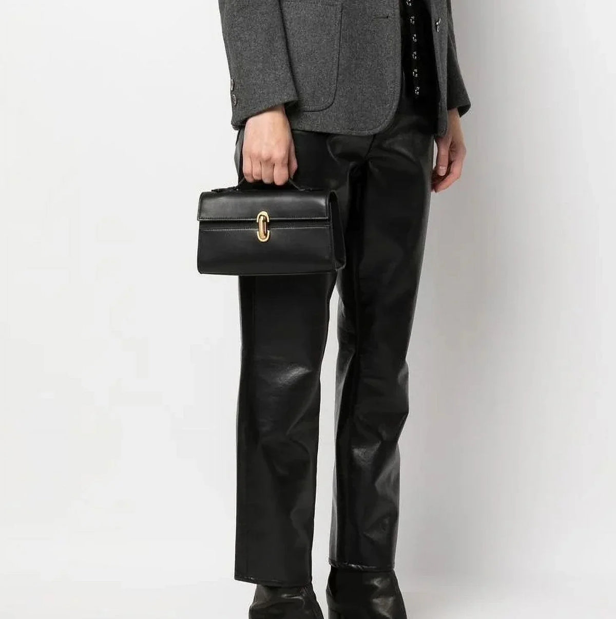 Qi Partner Handbags for Women The Symmetry Leather Top Handle Pochette Bags in ebony