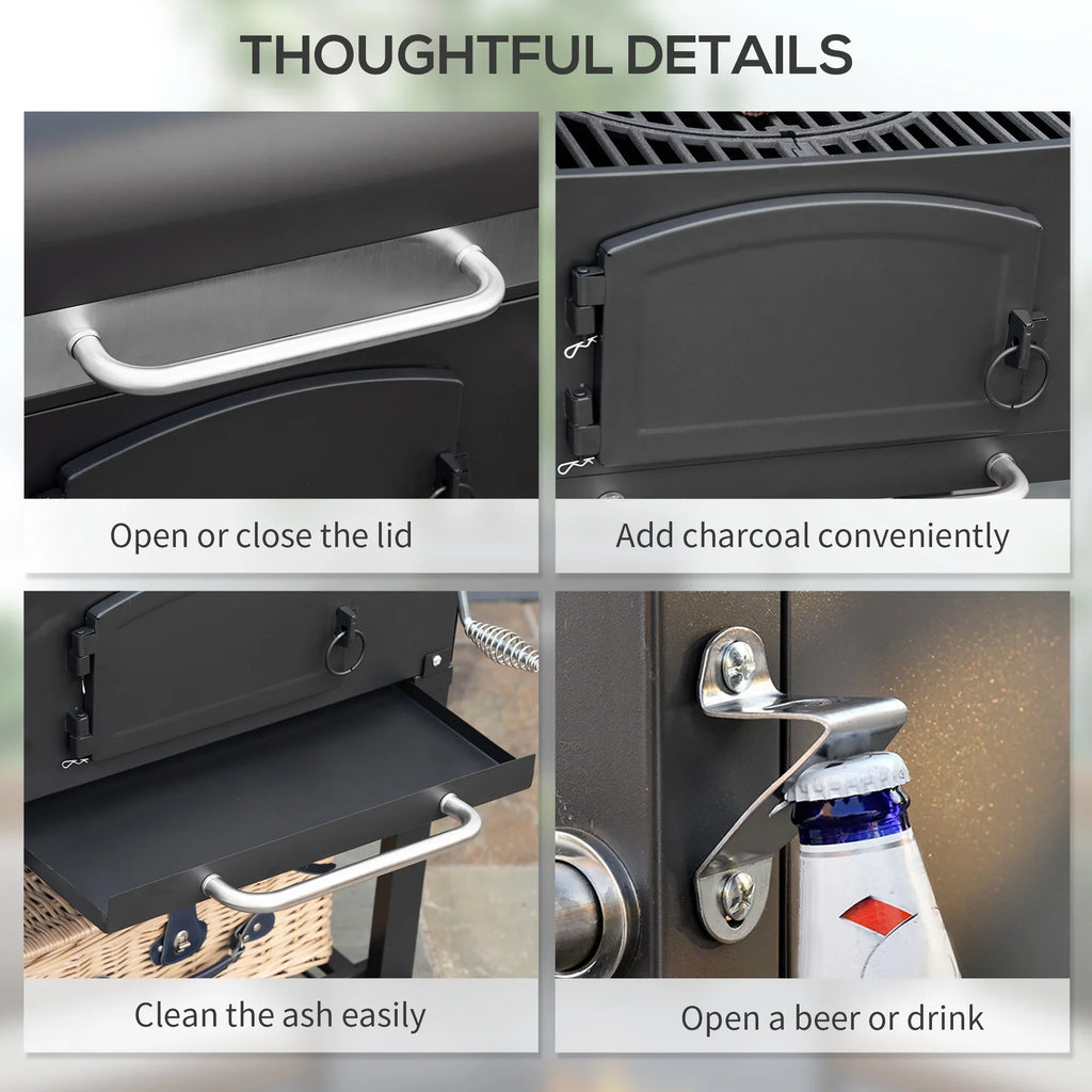CoSoTower Charcoal Grill, BBQ with Adjustable Height, Portable Barbecue with Folding Shelves, Thermometer, Bottle Opener & Wheels for Outdoor Camping, Picnic, Patio, Backyard, charcoal