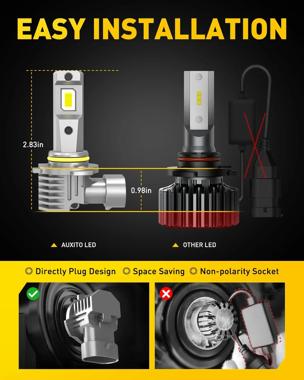 AUXITO 2024 Upgraded 9006 HB4 LED Headlight Bulb, 800% Super Bright, 6500K White Wireless 9006 Low Beam Headlight Bulb with Fan, Pack of 2