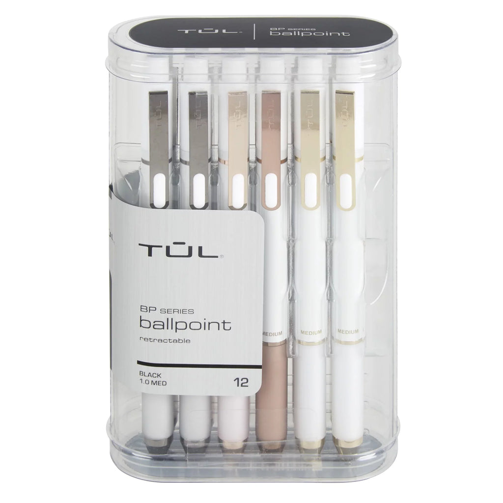 TUL® BP Series Retractable Ballpoint Pens, Medium Point, 1.0 mm, Pearl White Barrel, dark Ink, Pack Of 12 Pens