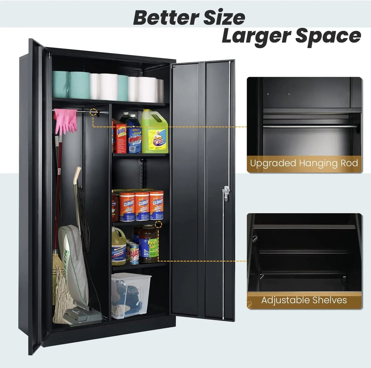 HOOMHIBIU Metal  Cabinets Locker with Locking Door  72'' Clothing Coat Steel Wardrobe Cabinet with Lock and Shelves for Office  Home  Garage  Employee  Freestanding (ebony)