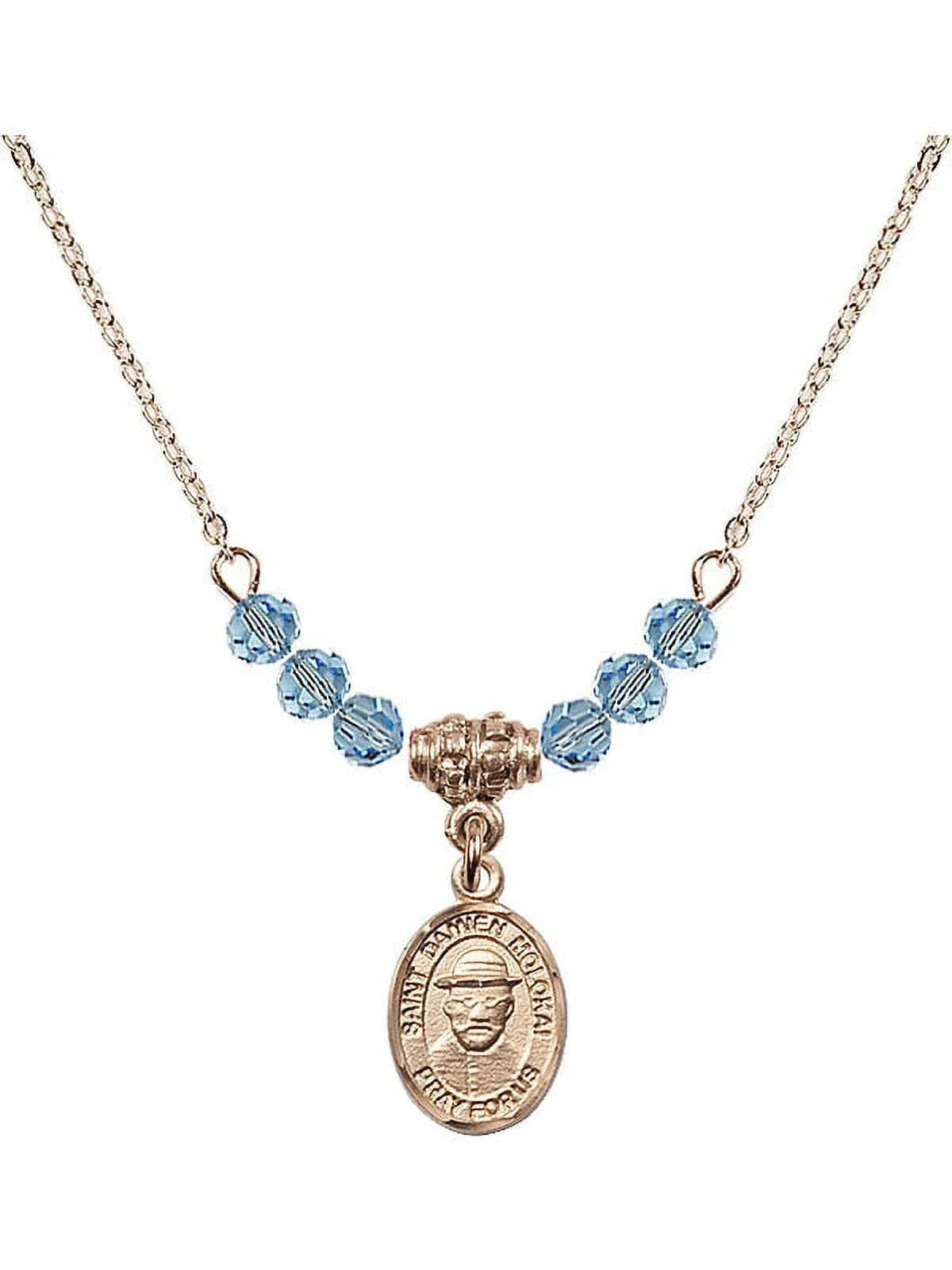 18-1 inch Hamilton Gold Plated Necklace with 4mm Blue March Birth Month Stone Beads and Saint Damien of Molokai Charm