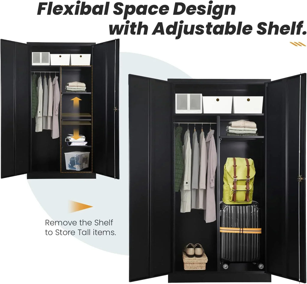 HOOMHIBIU Metal  Cabinets Locker with Locking Door  72'' Clothing Coat Steel Wardrobe Cabinet with Lock and Shelves for Office  Home  Garage  Employee  Freestanding (ebony)