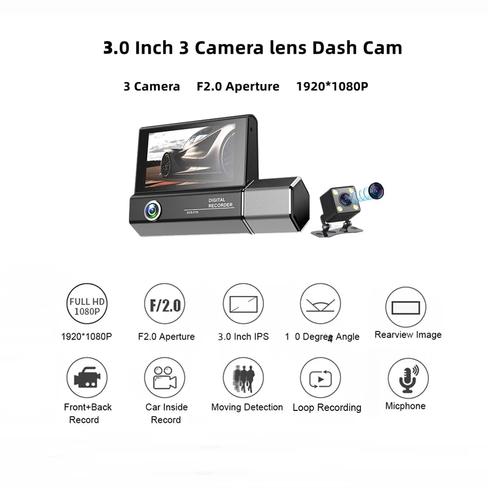 Pinnaco Dash Camera,Radirus Pristin 3-lens Inside inch Screen 1080p Dvr Dash Inside Rear Support Dash Camera 3 25mm Screen Dashcam Rear Camera Owsoo