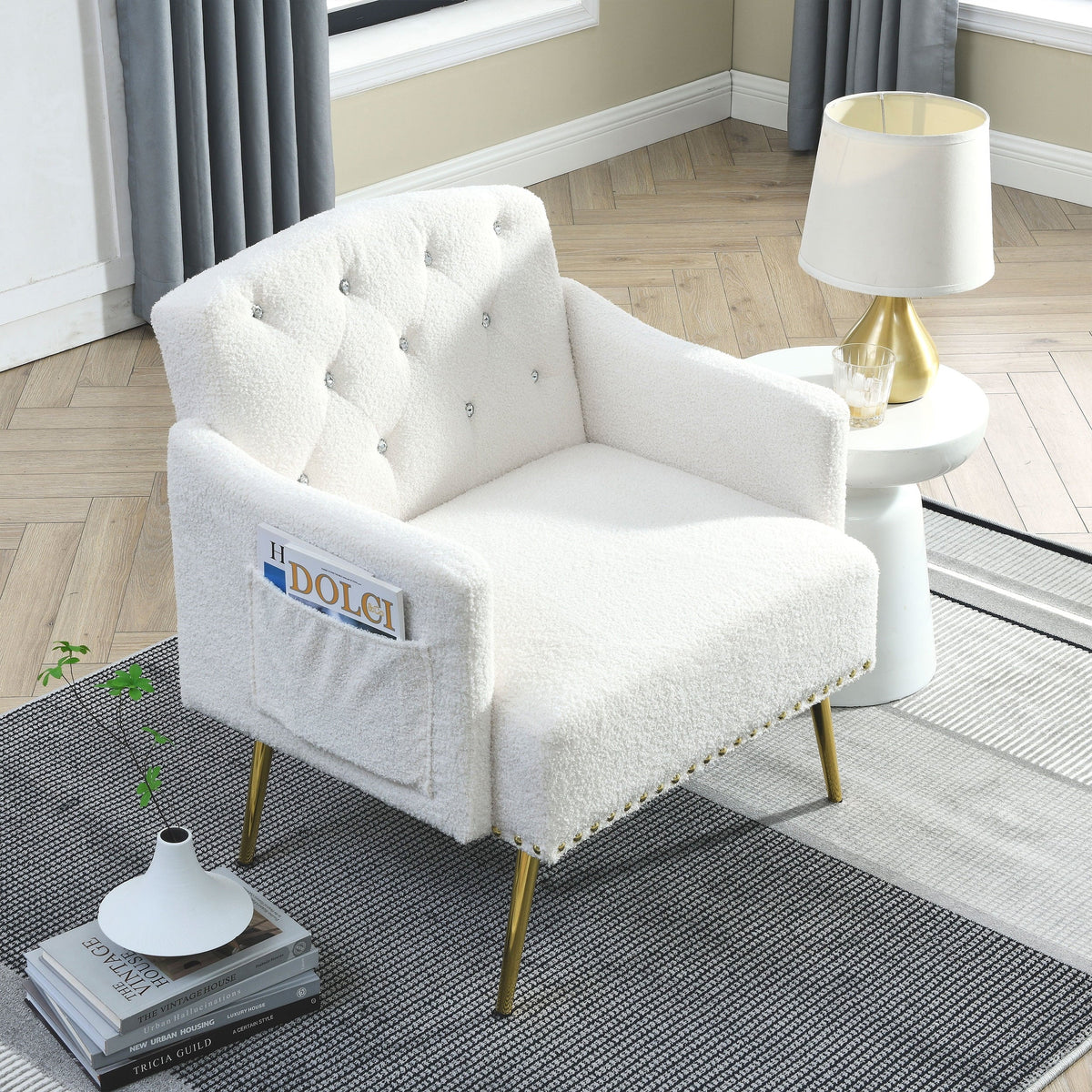 [Video]Welike 30 "W Modern Chesterfield Tufted Upholstered Chair with Deep Buttons, Living Room Chair, Comfortable Armchair, Gold Hardware Legs, Tufted Chair for Reading or Relaxing, WHITE TEDDY