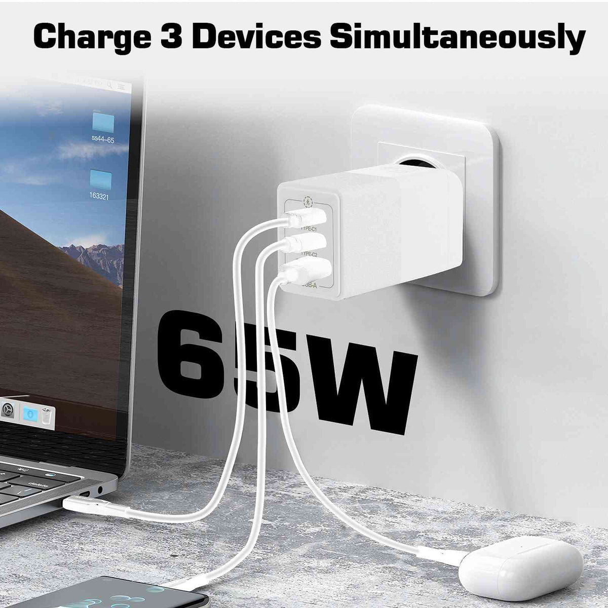 UrbanX 65W Fast Travel Charger with 3 Ports USB & Dual USB-C High-Speed Charging Compatible with Ulefone Power Armor 16 Pro/Armor 15/Power Armor 14 Pro/Power Armor 14/Armor 12 5G, iPhone,