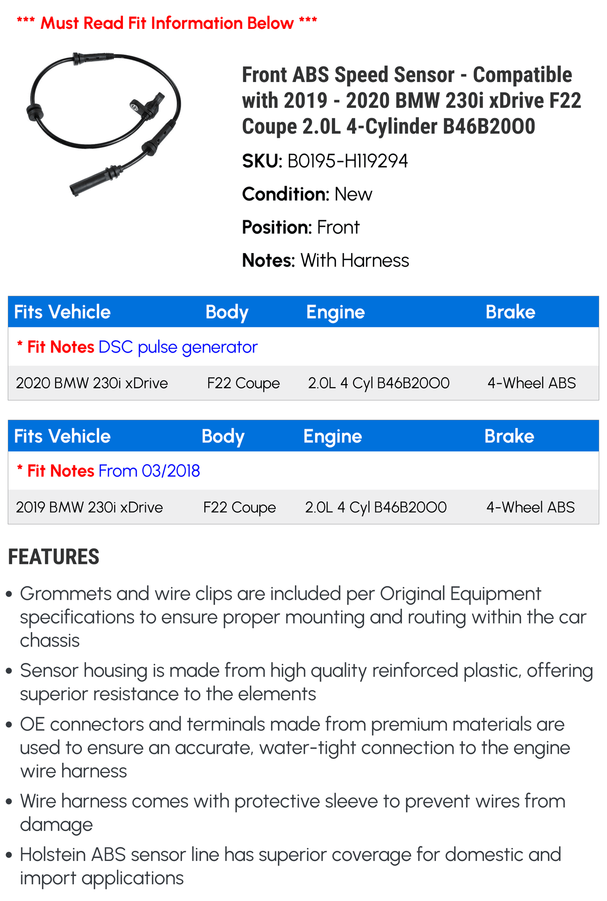 Front ABS Speed Sensor - Compatible with 2019 - 2020  230i xDrive F22 Coupe 2.0L 4-Cylinder B46B20O0