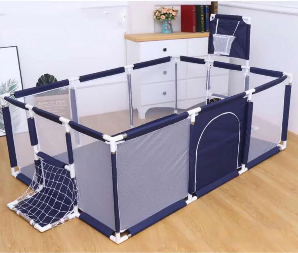 91 1 inch Large Kid Baby Playpen Playard With Basketball Hoop,Folding Breathable Mesh Infant Children Play Game Fence for Indoors Outdoors Home