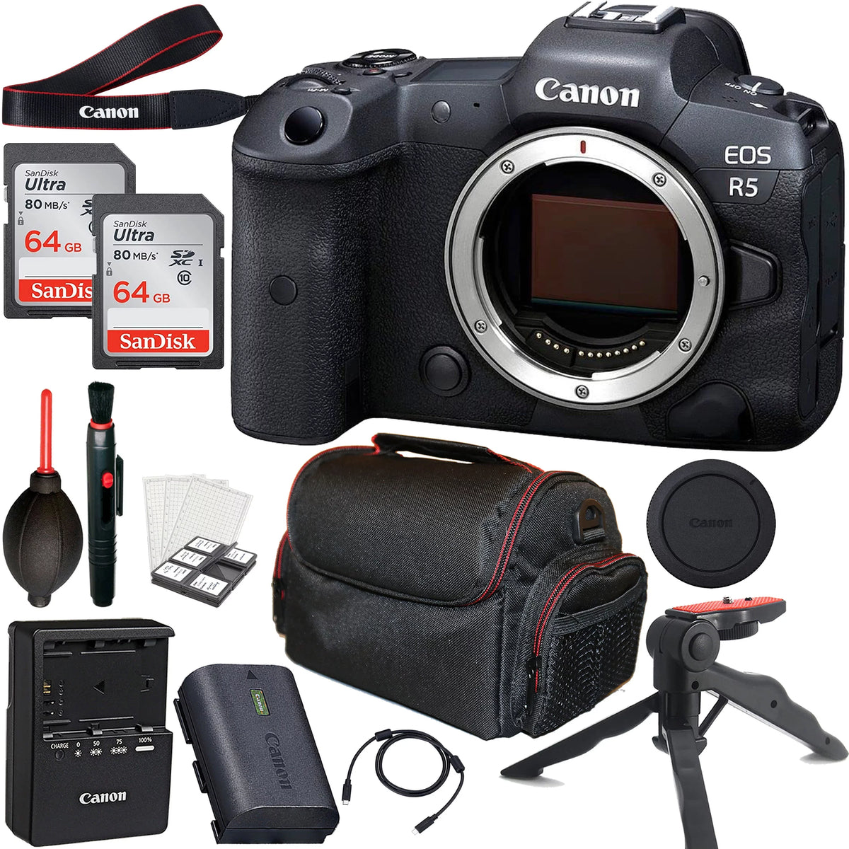 EOS R5 Mirrorless Camera (Body Only) + 2pc 64GB Memory Cards + Tripod + Case & More
