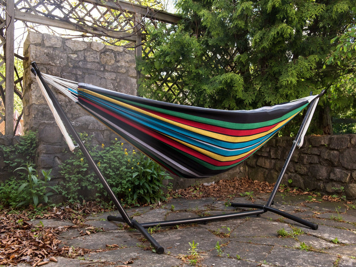 The Hamptons Collection 110” charcoal and Blue Striped Brazilian Style Hammock with a Steel Hammock