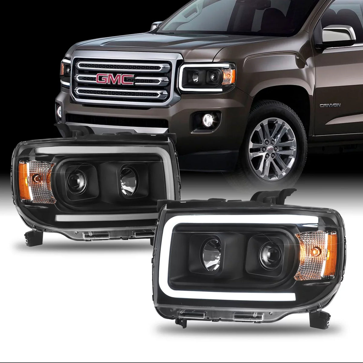 AKKON - For 2015-2022 GMC Canyon LED Light Bar DRL Projector Headlights Pair Housing - charcoal