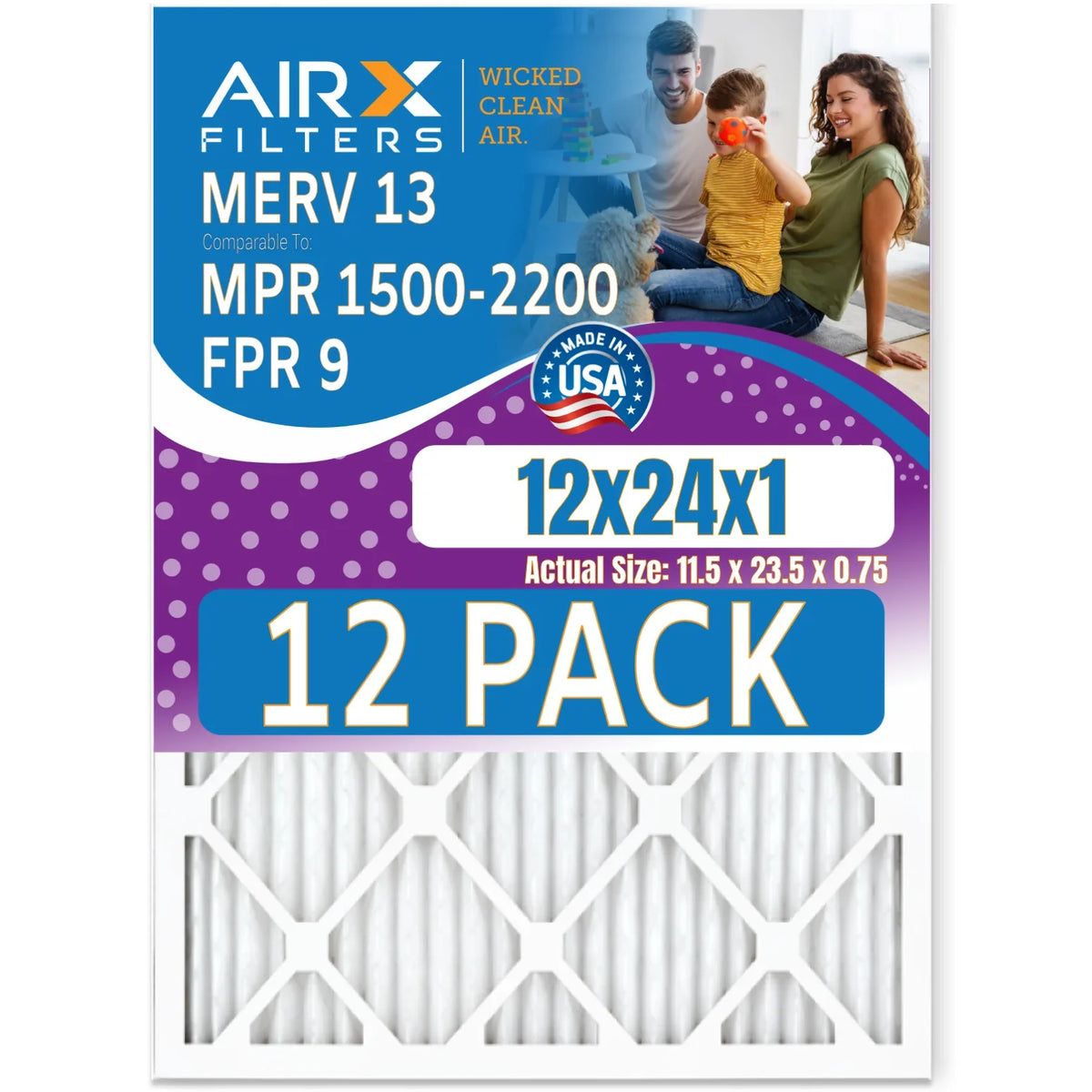 12x24x1 Air Filter MERV 13 Rating, 12 Pack of Furnace Filters Comparable to MPR 1500 - 2200 & FPR 9 - Made in USA by AIRX FILTERS WICKED CLEAN AIR.