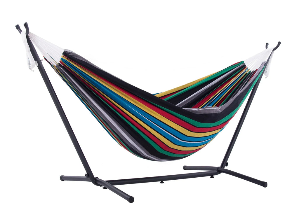 The Hamptons Collection 110” charcoal and Blue Striped Brazilian Style Hammock with a Steel Hammock