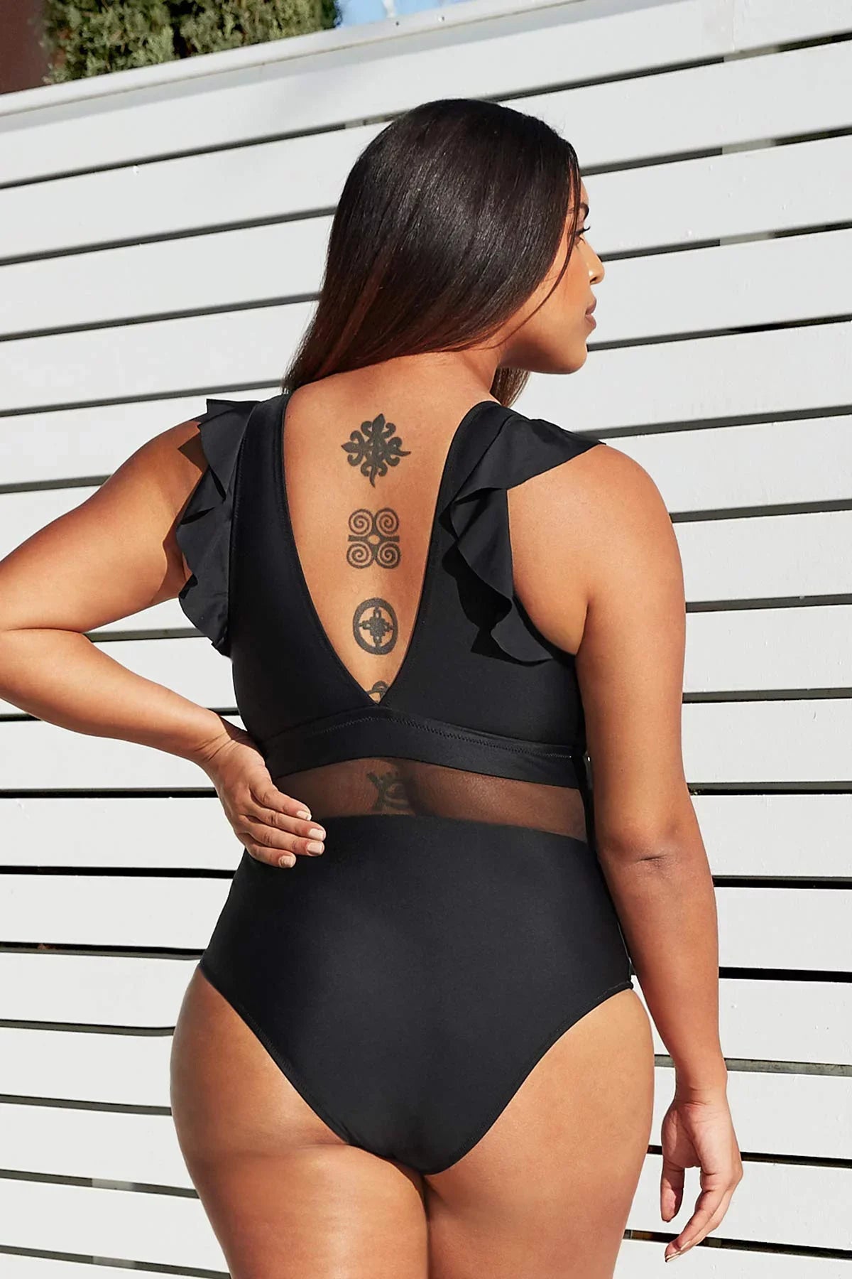 Cupshe Women's Plus Size One Piece ebony V Neck Ruffle Mesh Bathing Suit, XXXXL
