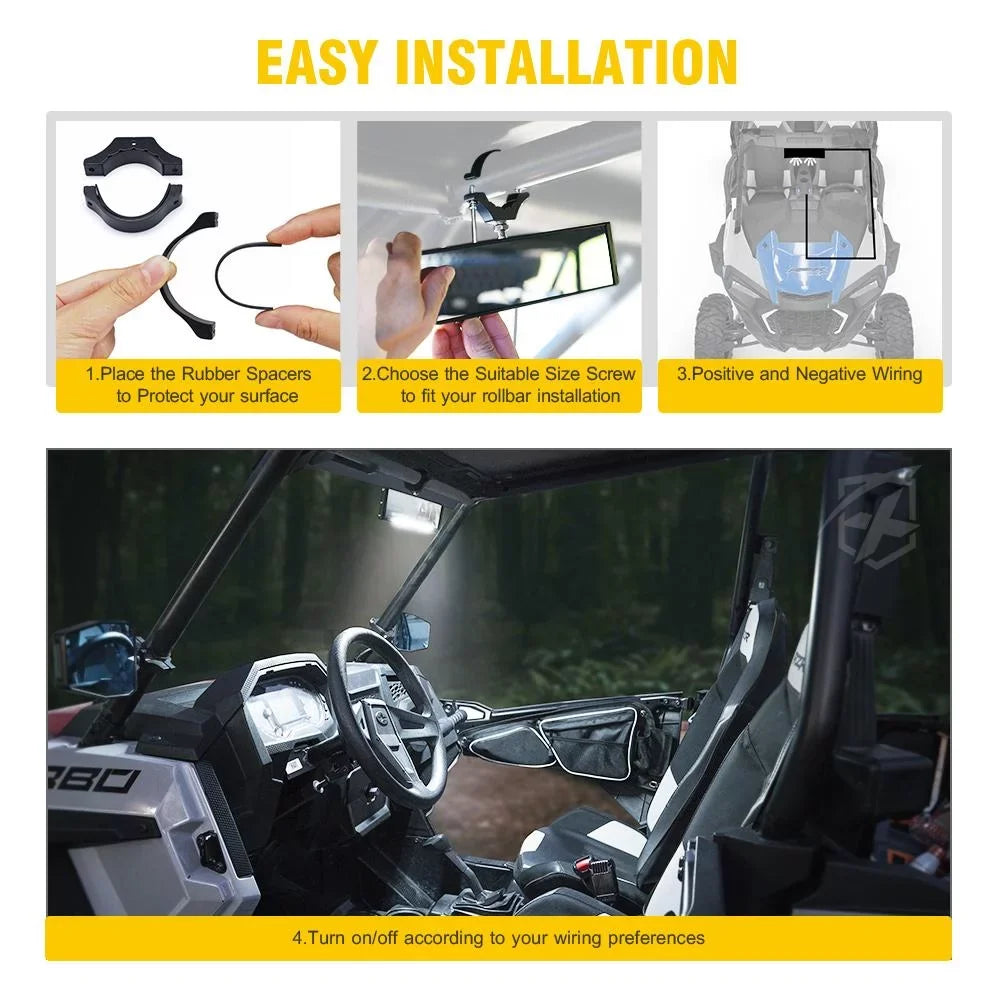 Xprite 9" Aluminum UTV Rear View Mirror w/ Integrated LED Dome Lights fits 1.75" - 2" Rollbars
