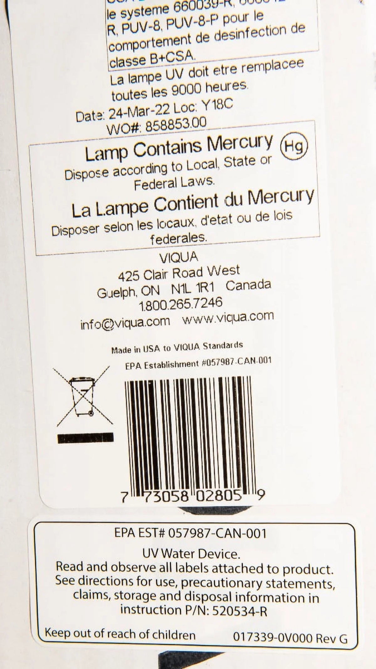 Viqua 602805 Replacement UV Lamp for Models D4, D4+, D4 Premium Systems