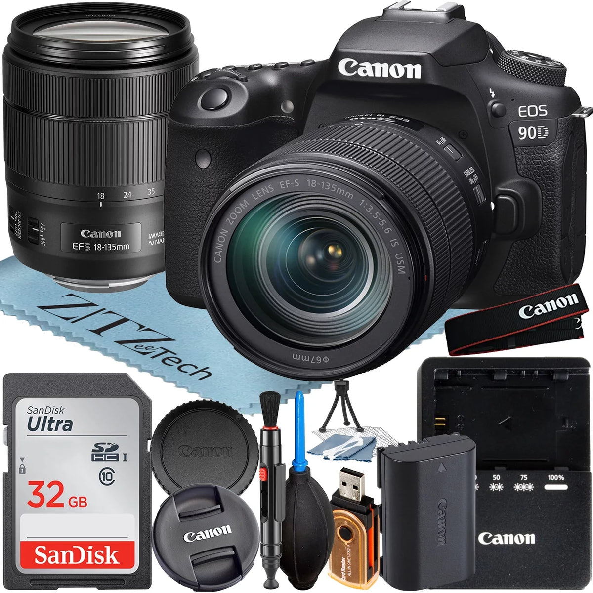 EOS 90D DSLR Camera with 18-135mm IS USM Lens + SanDisk 32GB Memory Card + ZeeTech Accessory Bundle