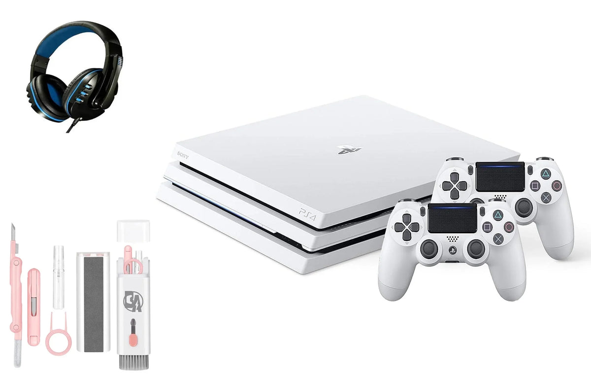 Pre-Owned  PlayStation 4 Pro 1TB Gaming Console Glacier White Headset 2 Controller With BOLT AXTION Cleaning Kit Bundle (Refurbished: Like New)
