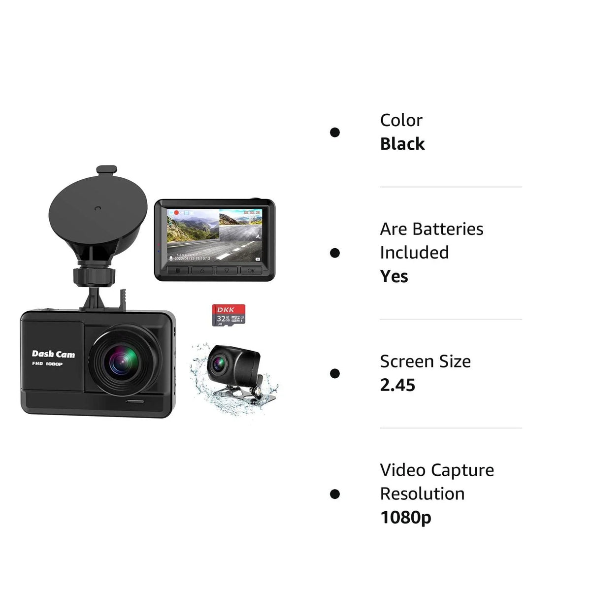 Dash Cam Front and Rear, Mini Dash Cam 1080P Full HD with 32GB SD Card, 2.45 1 inch IPS Screen, 2 Mounting Ways, Night Vision, WDR, Accident Lock, Loop Recording, Parking Monitor Car,Motorcyle,Balls